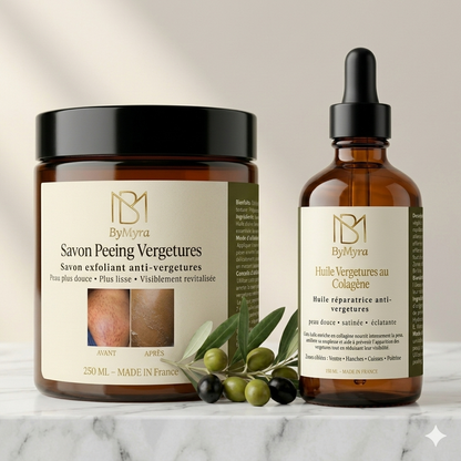 Duo Anti-Vergetures : Savon Peeling & Huile Réparatrice